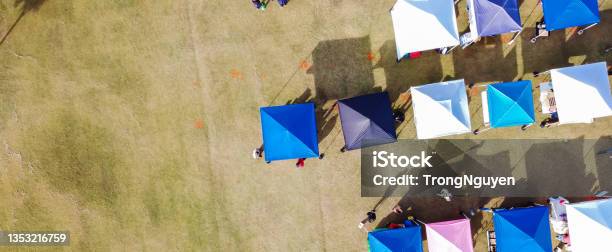Panoramic Top View Colorful Tents Of Farmer Market Vendors At Large Square Lawn In Downtown Coppell Texas Usa Stock Photo - Download Image Now