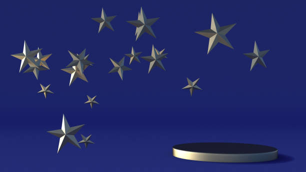 istock 3d podium and golden stars on dark blue background. Round pedestal, blank steps, empty space. 1353217158