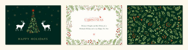 Luxury Corporate Merry and Bright Horizontal Holiday cards. Christmas, Holiday templates with Christmas tree, reindeers, bird, floral background and frames with greetings and copy space.
