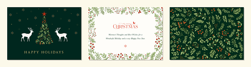 Luxury Corporate Merry and Bright Horizontal Holiday cards. Christmas, Holiday templates with Christmas tree, reindeers, bird, floral background and frames with greetings and copy space.