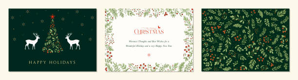 Universal Christmas Templates_41 Luxury Corporate Merry and Bright Horizontal Holiday cards. Christmas, Holiday templates with Christmas tree, reindeers, bird, floral background and frames with greetings and copy space. snowflake shape silhouettes stock illustrations
