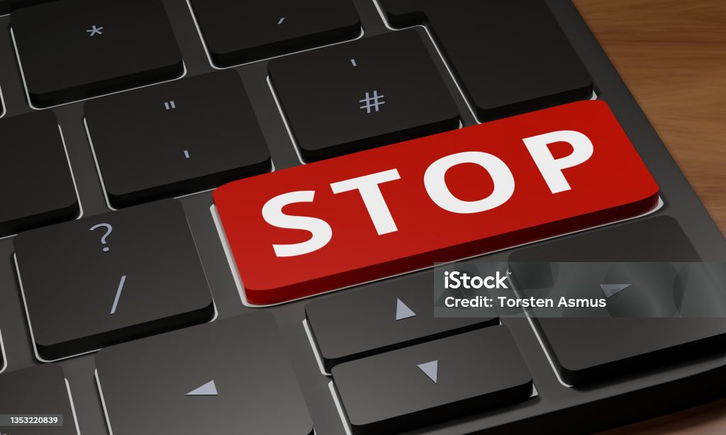 Keyboard stop button. Dark grey computer keyboard with one key in red and the word STOP on it. Internet security, cyber crime concept. 3D illustration Fraud Stock Photo