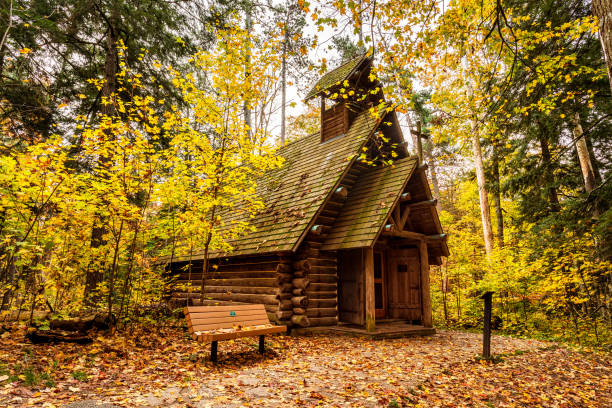 istock Chapel In The Woods Front Exterior In Autumn 1353222027