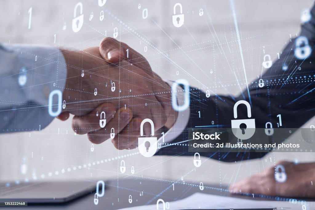 Handshake of two businessmen who enters into the contract to protect cyber security of international company. Padlock Hologram icons over the table with documents. Security Stock Photo