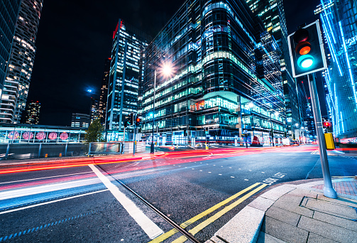 Canary Wharf financial district at night