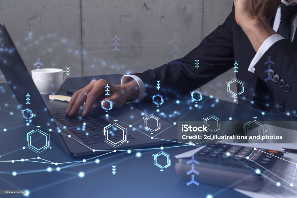 Hands typing the keyboard to create innovative software to change the world and provide a completely new service. Close up shot. Hologram tech graphs. Concept of Dev team. Formal wear. Flowing Stock Photo