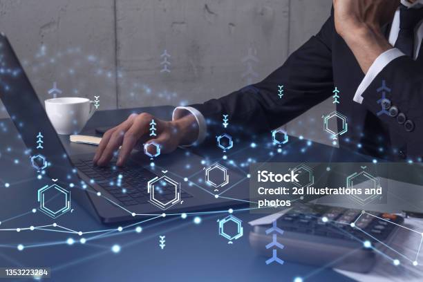 Hands Typing The Keyboard To Create Innovative Software To Change The World And Provide A Completely New Service Close Up Shot Hologram Tech Graphs Concept Of Dev Team Formal Wear Stock Photo - Download Image Now