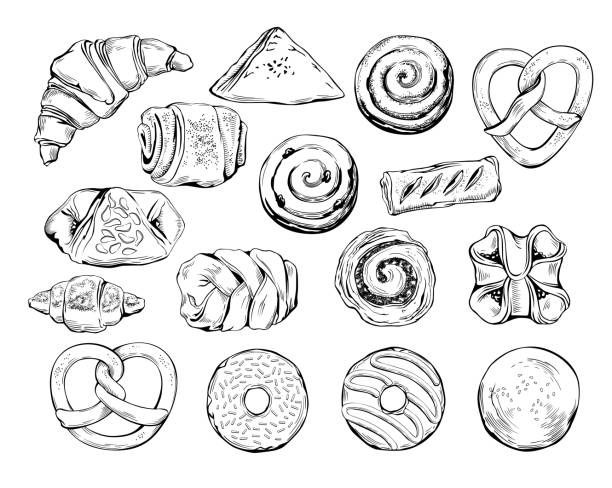 Bakery Products Vector Set of Hand-Drawn Illustrations of Sweet Baked Goods. Croissant, Doughnut, Pretzel, Yeast and Puff Pastry Buns with Nuts, Jam, Poppy, Cinnamon. Line Art Drawings Isolated on White Background poppy seed stock illustrations