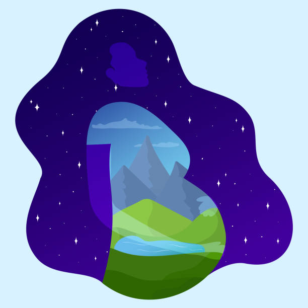 schwangere frau in natur und raum konzept. grüne hügel, see und berge, raum mit sternen - human pregnancy earth globe mother stock-grafiken, -clipart, -cartoons und -symbole