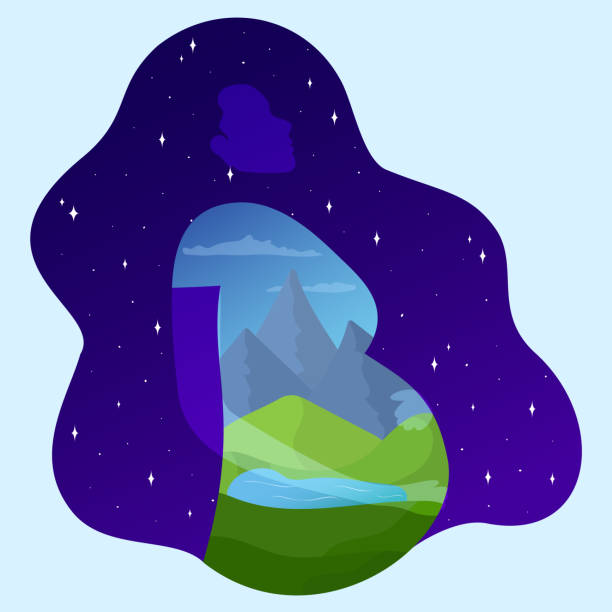 беременная женщина в природе и пространстве концепции. зеленые холмы, озеро и горы, пространство со звездами - human pregnancy earth globe mother stock illustrations