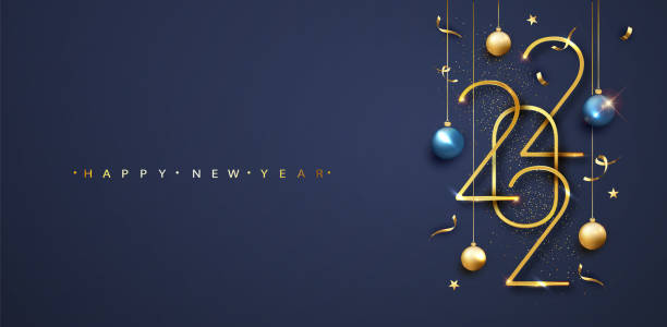 happy new 2022 year. golden numbers 2022 with balls and confetti on blue background. new year greeting card or banner template. vector - 新年賀卡 幅插畫檔、美工圖案、卡通及圖標