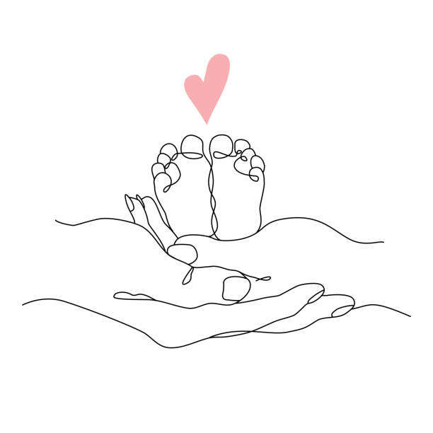Vector one line art illustrations of a new born baby heels and mother holding a new born baby. Lineart family portret. One line hand with heart Vector one line art illustrations of a new born baby heels and mother holding a new born baby. Lineart family portret. One line hand with heart babies stock illustrations