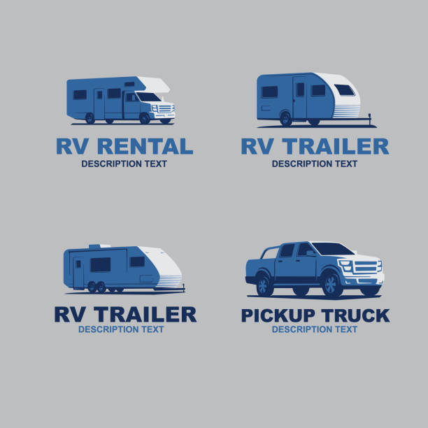 illustrations, cliparts, dessins animés et icônes de ensemble de logo de voiture de camping-car monochrome. éléments de conception de véhicules récréatifs et de camping. - camping car