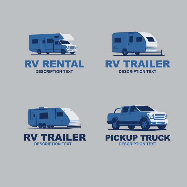ilustrações, clipart, desenhos animados e ícones de conjunto de monocromático campista van carro logotipo. veículos recreativos e elementos de design de camping. - rv