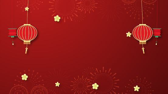 Chinese New Year background featuring Chinese ornamental elements and cherry blossom flowers with fireworks. Concept for holiday banner, Chinese New Year Celebration background decoration.