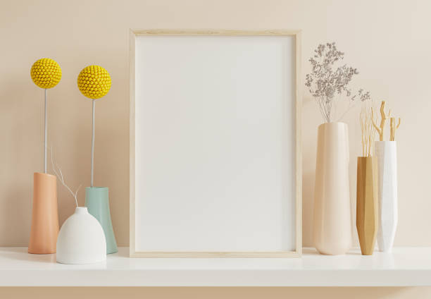 istock Interior poster mockup with vertical wooden frame in home interior background. 1353230297