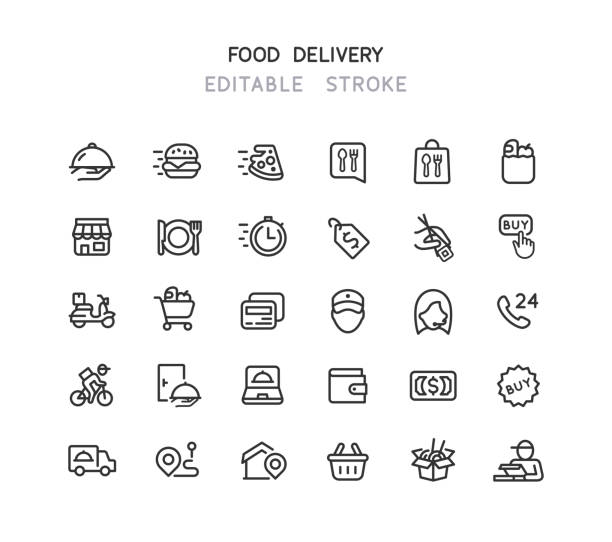 ikony linii dostawy żywności edytowalny obrys - restaurant icons stock illustrations