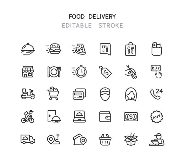 Vector illustration of Food Delivery Line Icons Editable Stroke