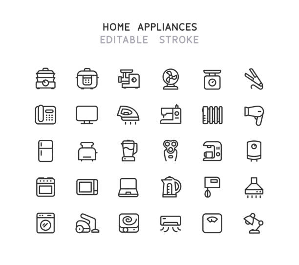 Home Appliances Line Icons Editable Stroke Set of home appliances line vector icons. Editable Stroke. electric stove burner stock illustrations