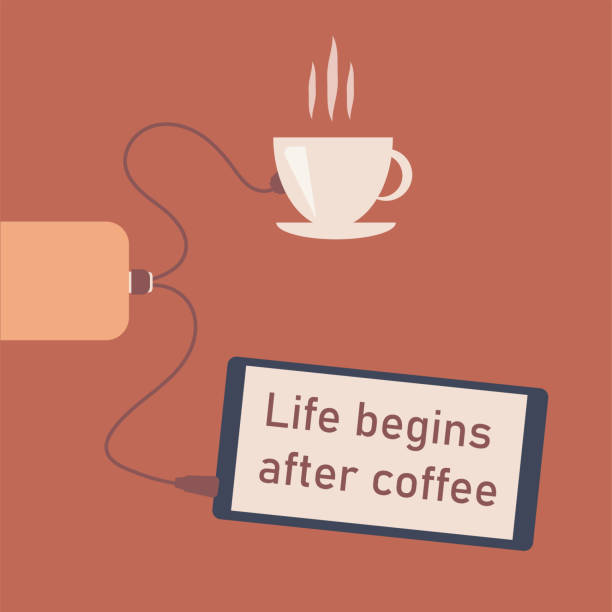 istock Lettering on the tablet, calligraphy, quote about coffee, vector illustration, drawing of a cup of coffee that is charged with energy from a portable charger. Graphic design, lifestyle. 1353231526