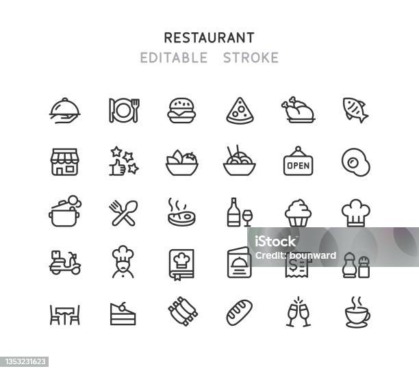 Restaurant Line Icons Bearbeitbarer Strich Stock Vektor Art und mehr Bilder von Icon - Icon, Speisen, Mittagessen