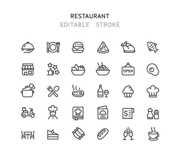ilustraciones, imágenes clip art, dibujos animados e iconos de stock de iconos de línea de restaurante trazo editable - comida del mediodía
