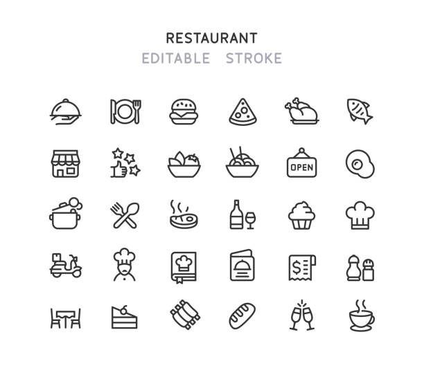 레스토랑 라인 아이콘 편집 가능한 스트로크 - food dinner restaurant silverware stock illustrations