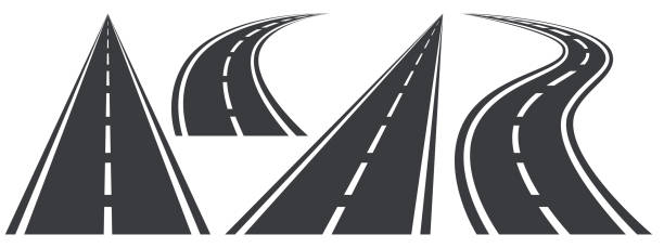 Different curved and straight roads in perspective set. City highways. One asphalt roadway Different curved and straight roads in perspective set. City highways. One asphalt roadway. Winding road on a white background. Road banner. A simple image of a road on a blank background. road clipart stock illustrations