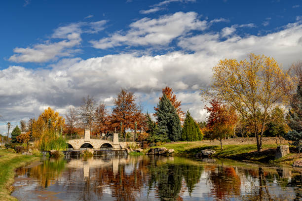 istock Stone bridge leads over a pond with reflection trees 1353233795