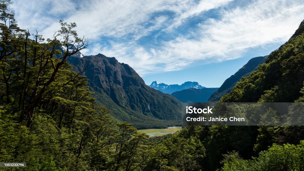 View of Routeburn Flats on the Routeburn Track, one of the Great Walks of New Zealand. Routeburn Track Stock Photo