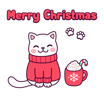 Cute cartoon cat in red sweater with cup of hot chocolate and text Merry Christmas. Kawaii holiday greeting card. Vector clip art illustration.