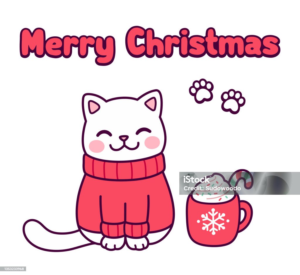 Cute Christmas Cat Drawing Stock Illustration - Download Image Now ...