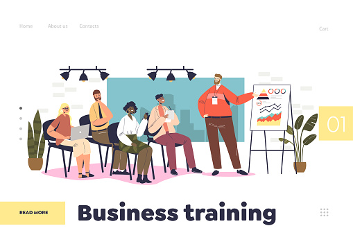 Business training concept of landing page with coach speaking before audience. Mentor presenting charts and reports on seminar, training, presentation or conference. Cartoon flat vector illustration
