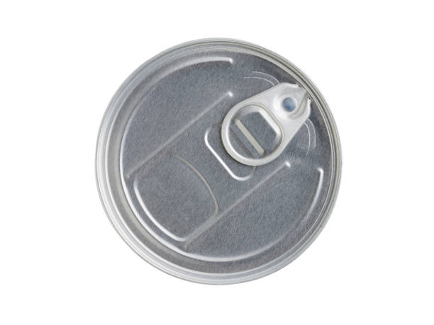 Aluminum metal can for drinks and food with a ring for opening. Isolated on a white background, top view Aluminum metal can for drinks and food with a ring for opening. Isolated on a white background, top view can top stock pictures, royalty-free photos & images