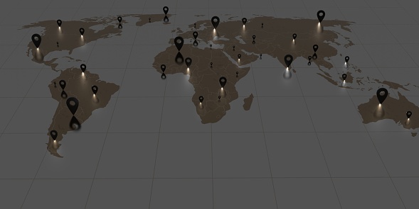 pin on world map Dark tones and glow pins global business communication 3d illustration