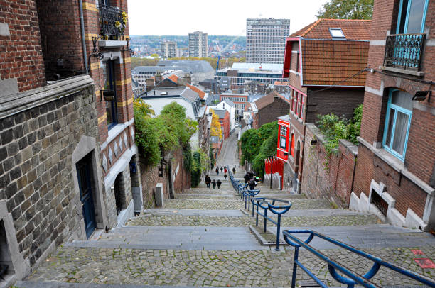 View from the stairway of the Montagne de Bueren downwards View from the stairway of the Montagne de Bueren downwards to the city center of Liege, Belgium liege belgium stock pictures, royalty-free photos & images