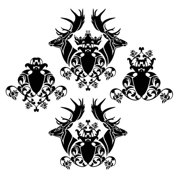 deer stag heads and heraldic shield with royal crown and rose flowers black and white vector decor pair of deer stags with large antlers and heraldic shield decorated with rose flowers and king crown - antique style royal coat of arms black and white vector design set clip art of a dead rose stock illustrations