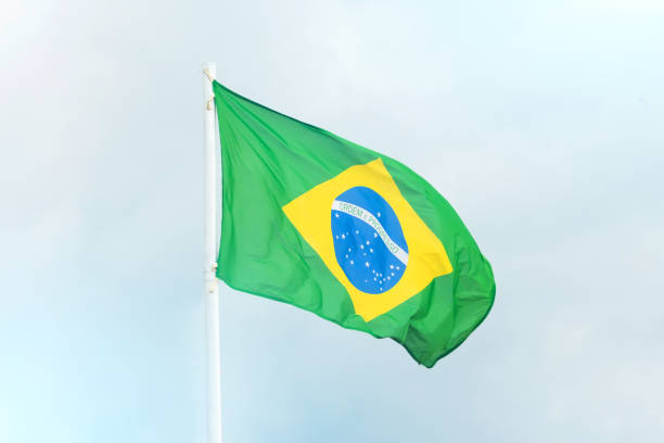 istock Brazil flag waving in the wind on a flagpole. 1353241100