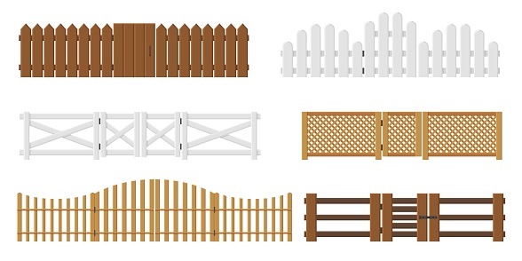 Fences with gates. Wooden enclosing planks and lattices. Yards barriers. Garden decorative fencing with doors. Farm or rural house boundary. Palisade entrance. Vector village wood border elements set