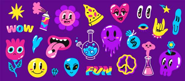 Psychedelic symbols. Weird abstract funny elements, surreal trip, 70s and 80s trendy signs, acidic bright colors, 1960s toons design, flowers and heart with eyes, vector isolated set Psychedelic symbols. Weird abstract funny elements, surreal trip, 70s and 80s trendy signs, acidic bright colors, 1960s toons design, flowers and heart with eyes vector cartoon flat style isolated set psychedelic art stock illustrations