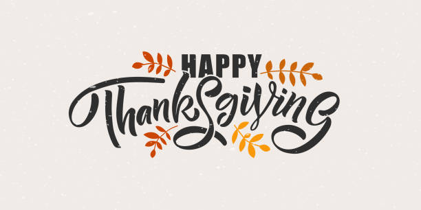 illustrazioni stock, clip art, cartoni animati e icone di tendenza di poster disegnato a mano della tipografia del ringraziamento. citazione della celebrazione happy thanksgiving su sfondo strutturato per cartolina, icona del ringraziamento, logo o badge. calligrafia vettoriale in stile vintage del ringraziamento - ringraziamento