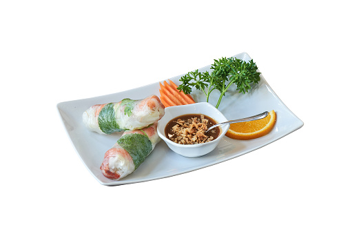 Overhead view on Spring roll on white Plate isolated on white with clipping path