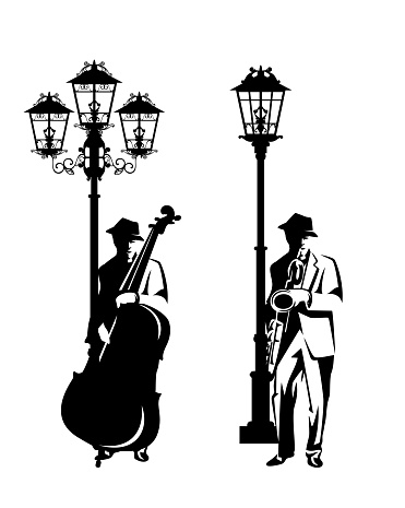 jazz man playing saxophone and bass viol instrument standing by street light silhouette - performing busker musician black and white vector outline set
