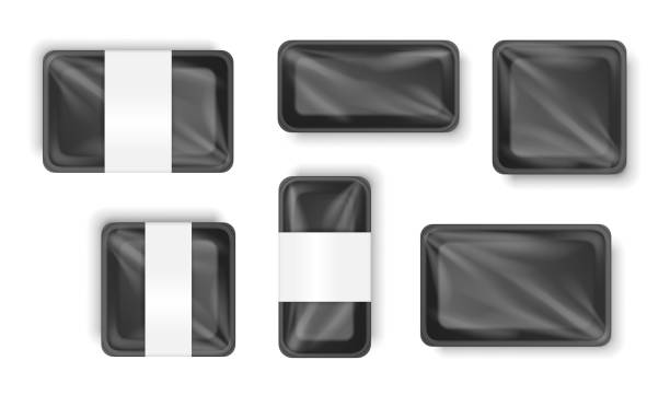 Plastic tray. Food package with transparent wrap, black empty containers for vegetables, meat Plastic tray. Food package with transparent wrap, black empty containers for vegetables, meat. Vacuum boxes mockup of food packaging. Realistic vector illustration black meat tray stock illustrations