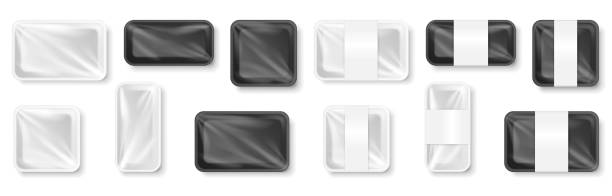 Set of transparent black and white plastic food containers, product tray box pack with label Set of transparent black and white plastic food containers, product tray box pack with label. 3d realistic mockup template food packing, grocery store or shop fast food package. Vector illustration black meat tray stock illustrations