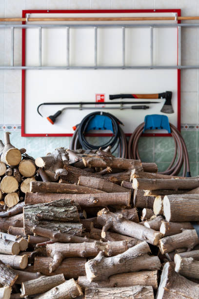 Round firewood lie on background of fire shield with inventory