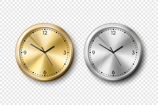 Vector 3d Realistic Yellow Golden and Grey Silver or Steel Wall Office Clock Icon Set Isolated. Metal Dial. Design Template of Wall Clock Closeup. Mock-up for Branding and Advertise. Top, Front View.