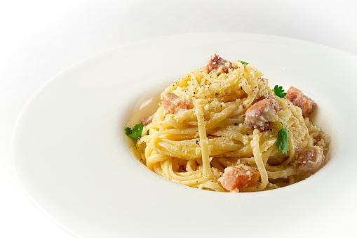 Traditional Italian dish, spaghetti carbonara, homemade, no people, top view,