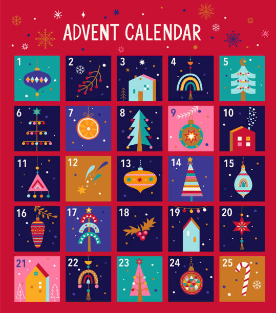 świąteczny kalendarz adwentowy, elementy świąteczne. - calendar holiday december christmas stock illustrations