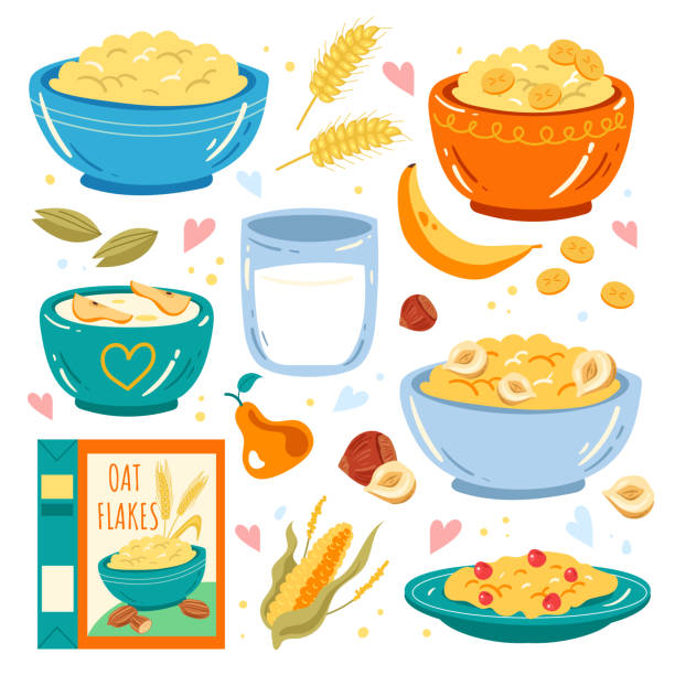 ilustrações, clipart, desenhos animados e ícones de cereales de café da manhã de aveia flat desenho animado isolado mão desenhado - oatmeal
